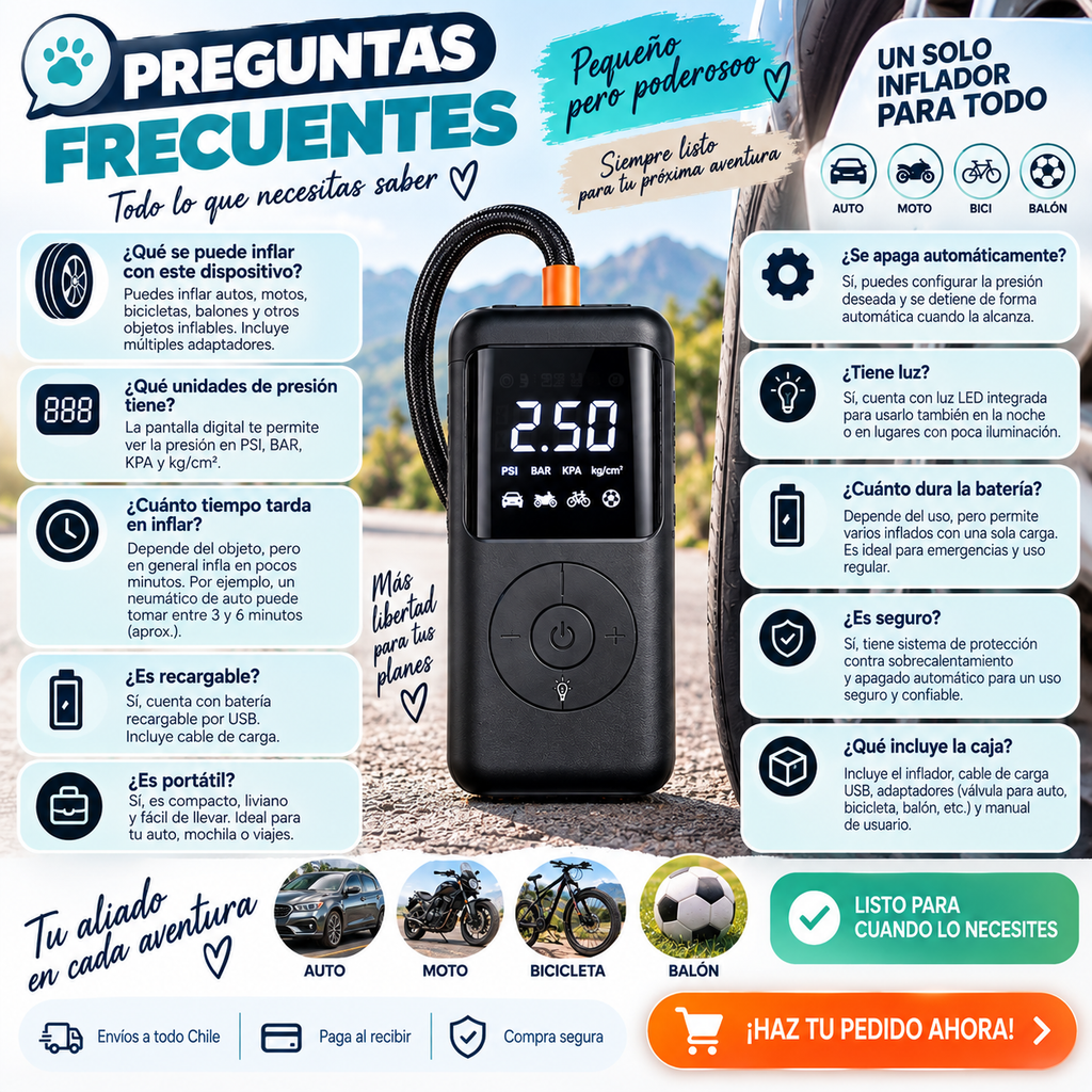 AirPro Inflador Digital Multifunción – Solución Rápida para tus Neumáticos