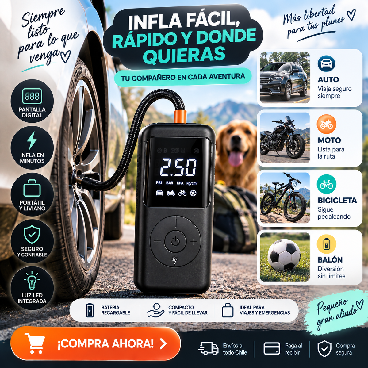 AirPro Inflador Digital Multifunción – Solución Rápida para tus Neumáticos