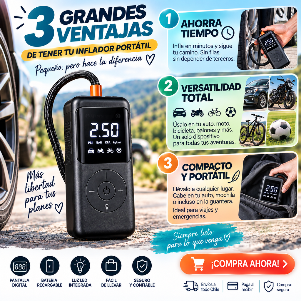 AirPro Inflador Digital Multifunción – Solución Rápida para tus Neumáticos