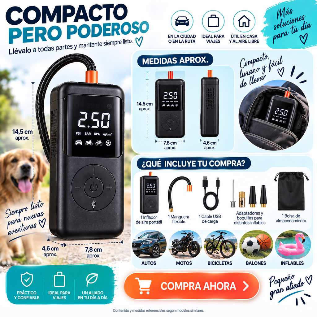 AirPro Inflador Digital Multifunción – Solución Rápida para tus Neumáticos