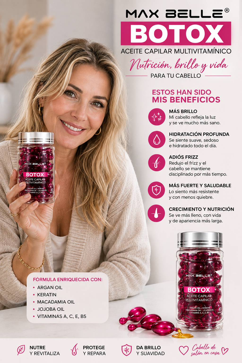 BOTOX CAPILAR combina aceites, queratina y vitaminas para nutrir, hidratar y aportar brillo a tu cabello. ✨