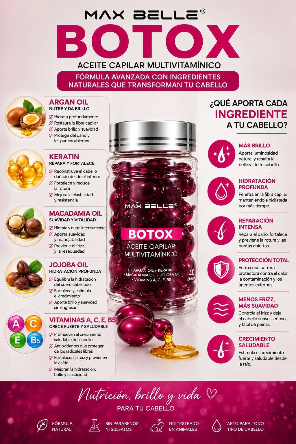 BOTOX CAPILAR combina aceites, queratina y vitaminas para nutrir, hidratar y aportar brillo a tu cabello. ✨