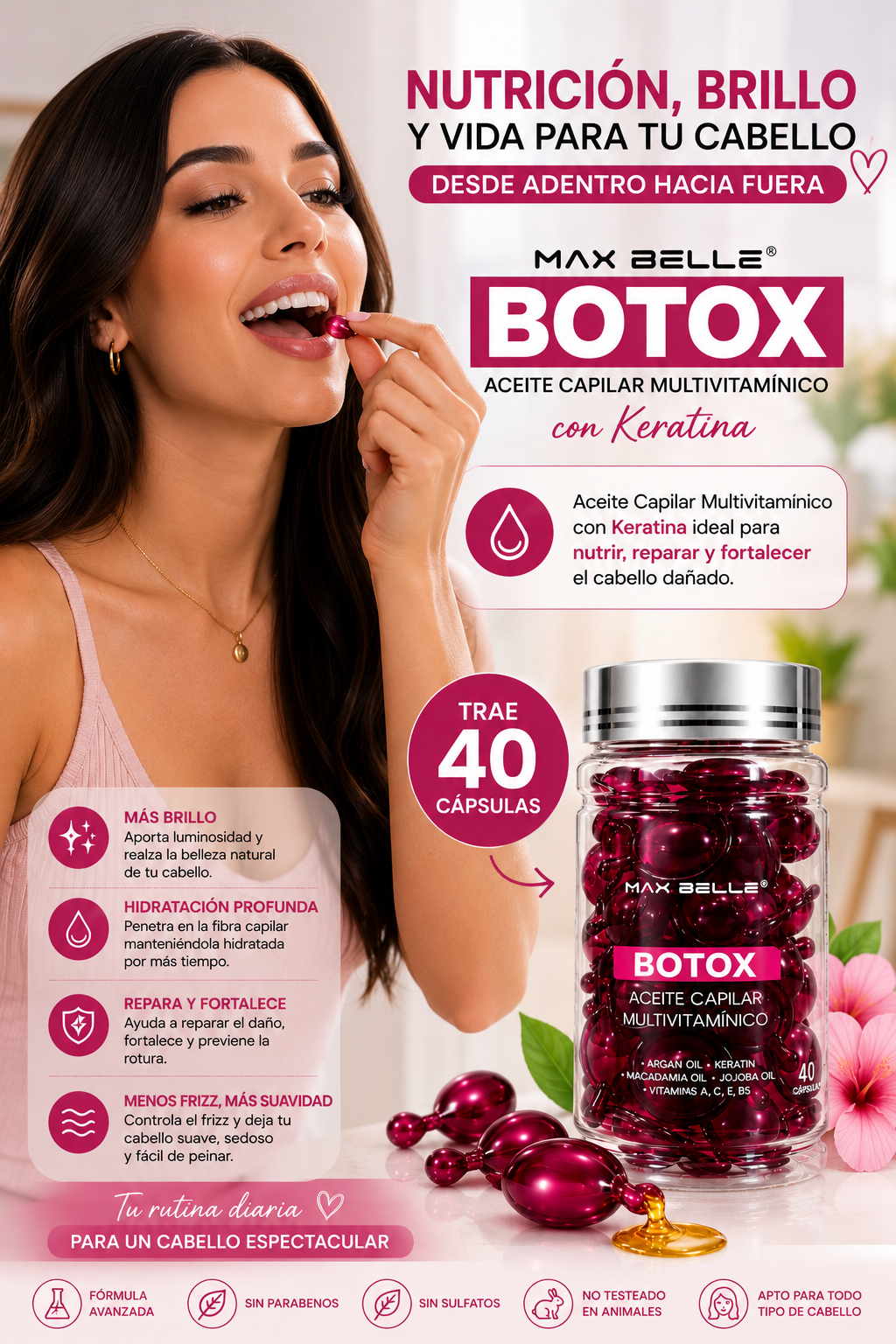 BOTOX CAPILAR combina aceites, queratina y vitaminas para nutrir, hidratar y aportar brillo a tu cabello. ✨