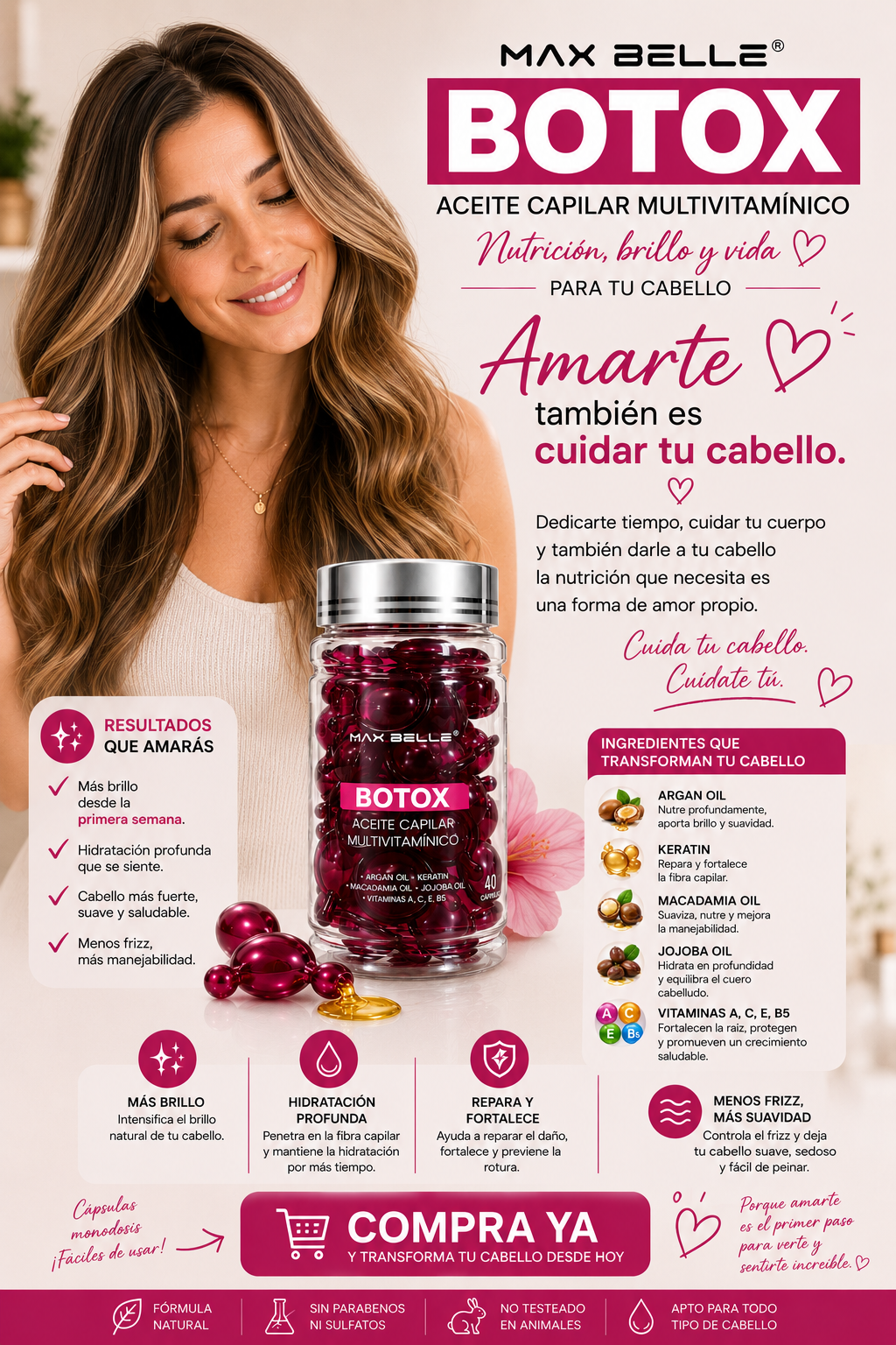 BOTOX CAPILAR combina aceites, queratina y vitaminas para nutrir, hidratar y aportar brillo a tu cabello. ✨